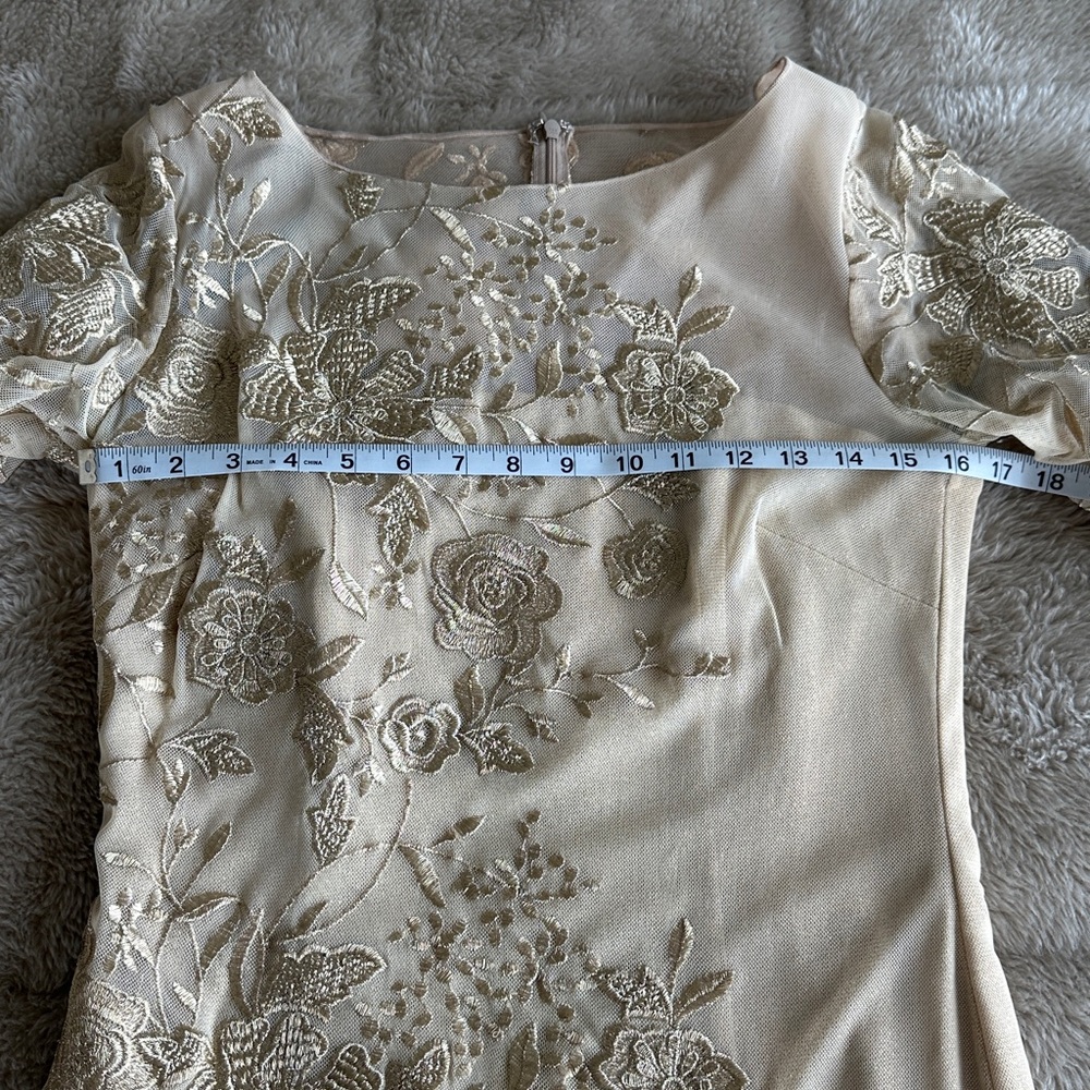 David Meister Champagne Beaded Floral Long-Sleeve Dress Size 6 - Picture 11 of 13